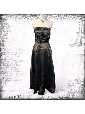Vintage Strapless Silver Black Flocked Floral Prom Dress Formal Maxi Gown